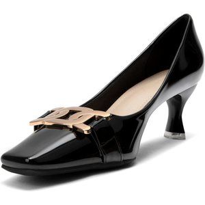 Women's Closed Square Low Kitten Heel Metal Slip On Wedding Pump Shoes-Black